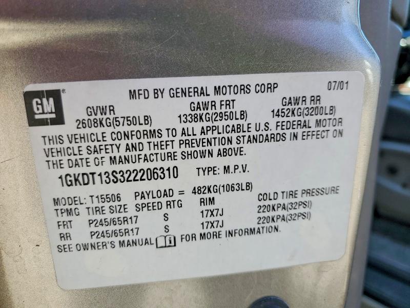 2002 Gmc Envoy მანქანა იყიდება აუქციონზე, vin: 1GKDT13S322206310, აუქციონის ნომერი: 51200486