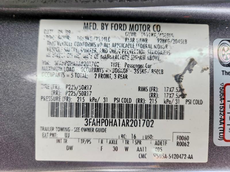 2010 Ford Fusion მანქანა იყიდება აუქციონზე, vin: 3FAHP0HA1AR201702, აუქციონის ნომერი: 49804586