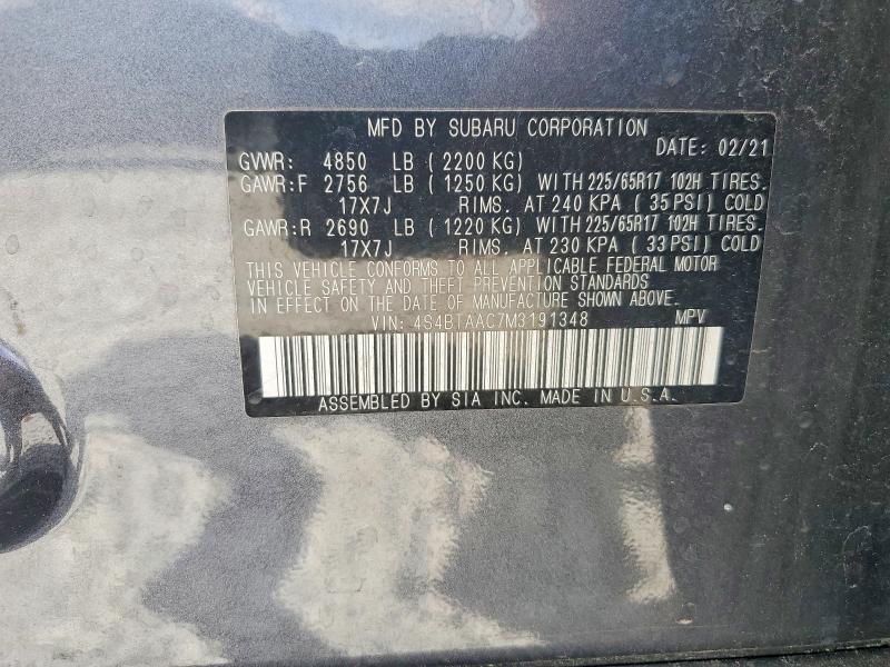 2021 Subaru Outback მანქანა იყიდება აუქციონზე, vin: 4S4BTAAC7M3191348, აუქციონის ნომერი: 48568896