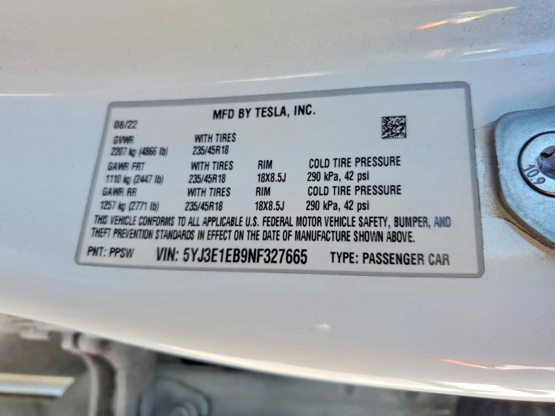 Продажа на аукционе авто 2022 Tesla Model 3, vin: 5YJ3E1EB9NF327665, номер лота: 49845536