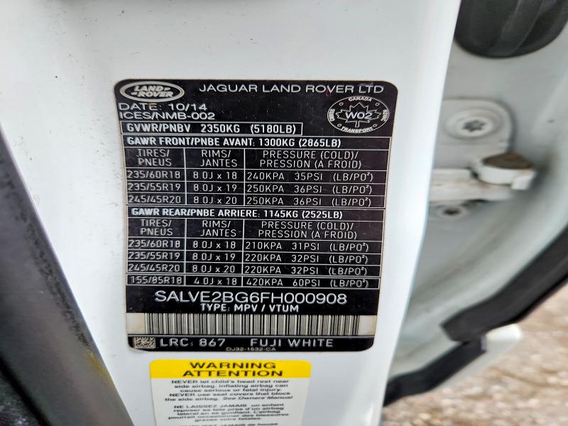 48149716 :رقم المزاد ، SALVE2BG6FH000908 vin ، 2015 Land Rover Range Rover Evoque مزاد بيع