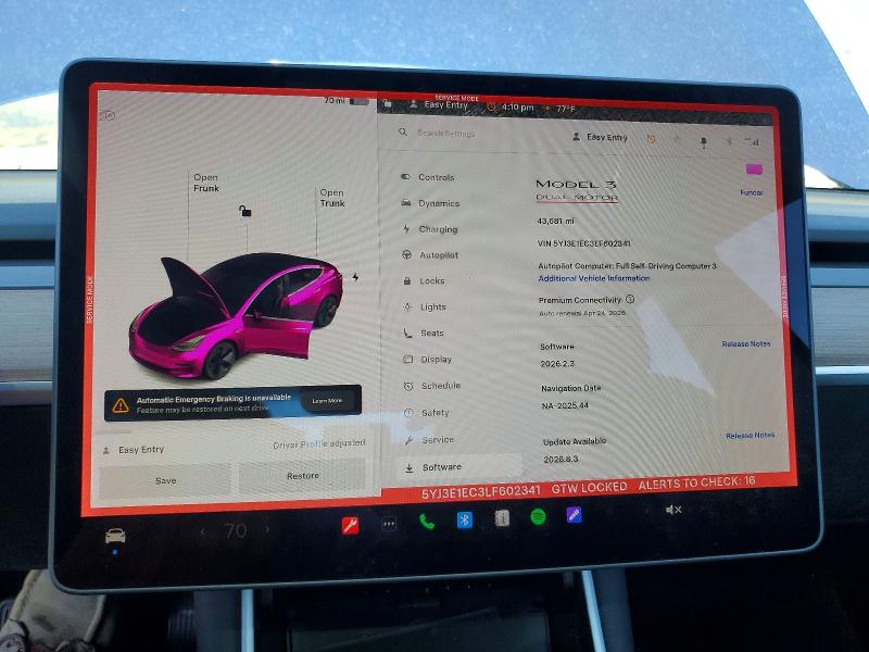 2020 Tesla Model 3 მანქანა იყიდება აუქციონზე, vin: 5YJ3E1EC3LF602341, აუქციონის ნომერი: 49424536