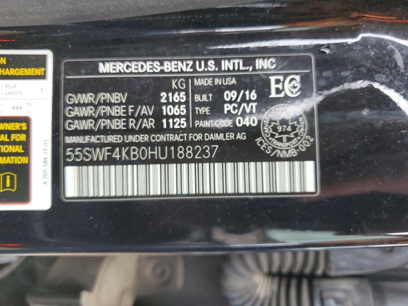 49609376 :رقم المزاد ، 55SWF4KB0HU188237 vin ، 2017 Mercedes-benz C مزاد بيع
