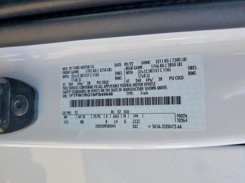 2022 Ford F150 მანქანა იყიდება აუქციონზე, vin: 1FTFW1RG1NFB49648, აუქციონის ნომერი: 48527296