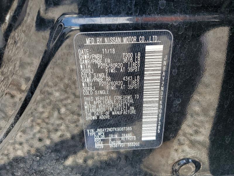 50411036 :رقم المزاد ، JN8AY2ND7K9087385 vin ، 2019 Nissan Armada مزاد بيع