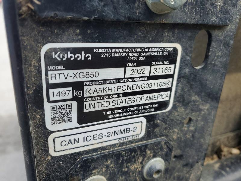 2022 Kubota Rtv-xg850 მანქანა იყიდება აუქციონზე, vin: A5KH1PGNENG031165, აუქციონის ნომერი: 50839456