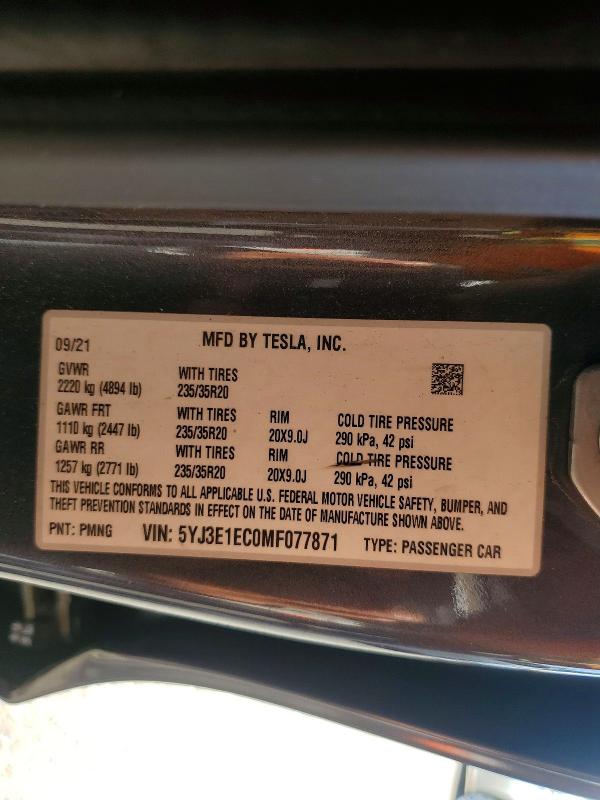 Продажа на аукционе авто 2021 Tesla Model 3, vin: 5YJ3E1EC0MF077871, номер лота: 51359206