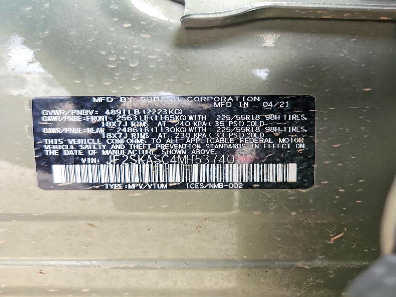 2021 Subaru Forester მანქანა იყიდება აუქციონზე, vin: JF2SKASC4MH537401, აუქციონის ნომერი: 49265706