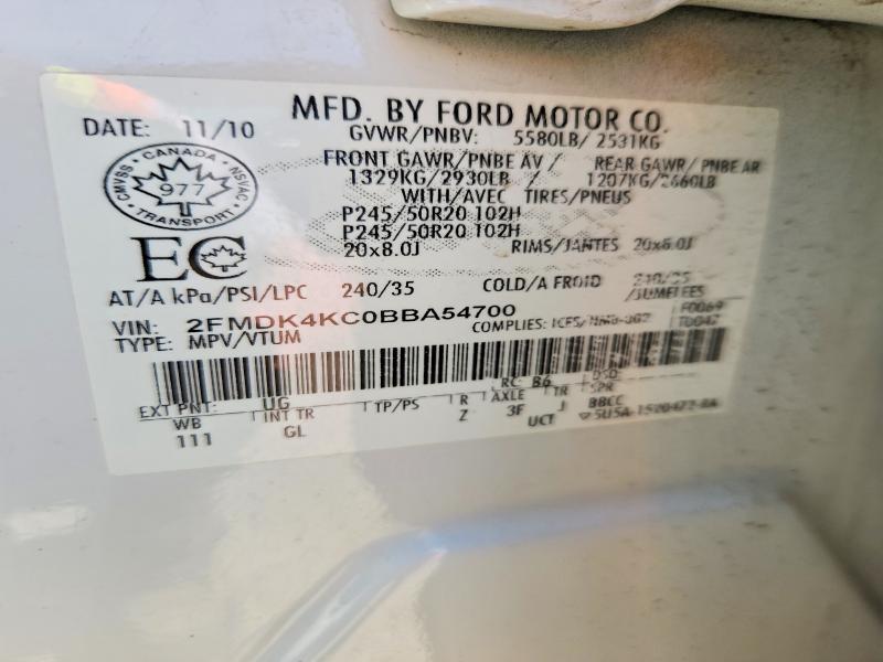2011 Ford Edge მანქანა იყიდება აუქციონზე, vin: 2FMDK4KC0BBA54700, აუქციონის ნომერი: 51070596