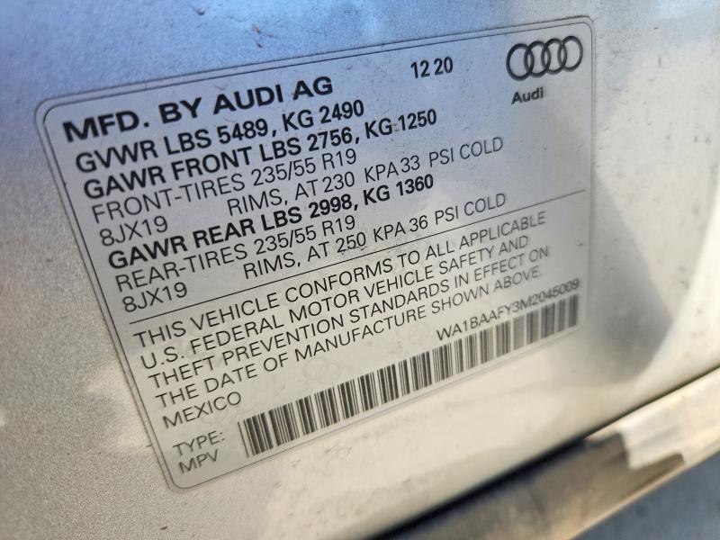2021 Audi Q5 მანქანა იყიდება აუქციონზე, vin: WA1BAAFY3M2045009, აუქციონის ნომერი: 48305066