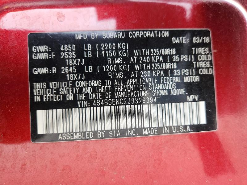 Aukcja sprzedaży 2018 Subaru Outback, vin: 4S4BSENC2J3329894, numer aukcji: 51864446