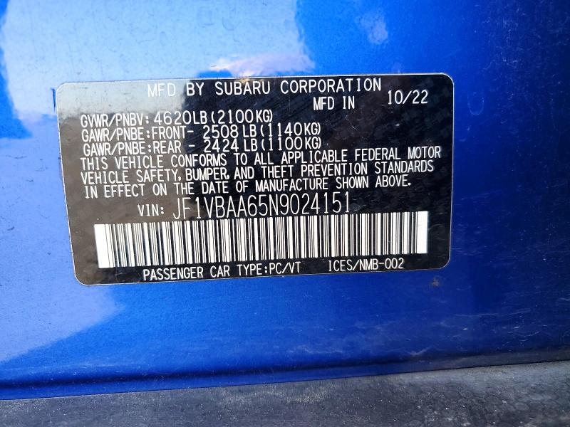 51169146 :رقم المزاد ، JF1VBAA65N9024151 vin ، 2022 Subaru Wrx مزاد بيع