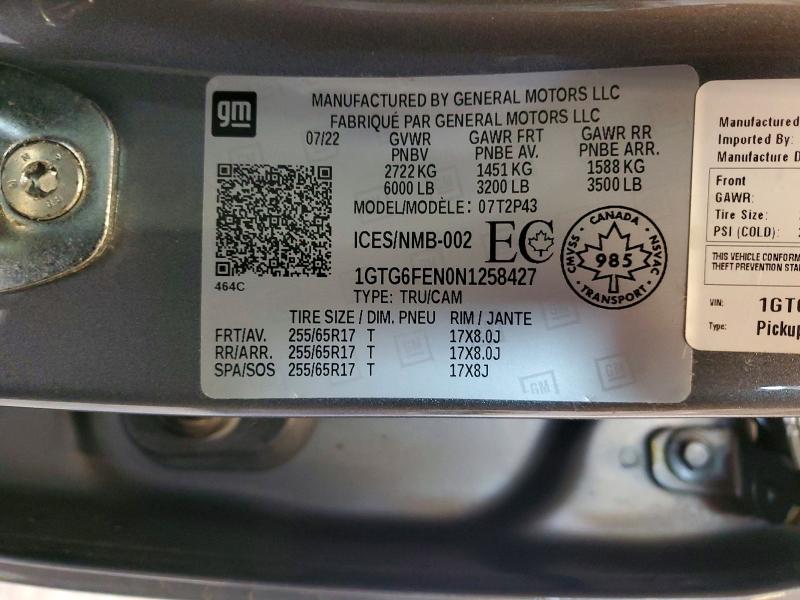 Aukcja sprzedaży 2022 Gmc Canyon, vin: 1GTG6FEN0N1258427, numer aukcji: 51020546