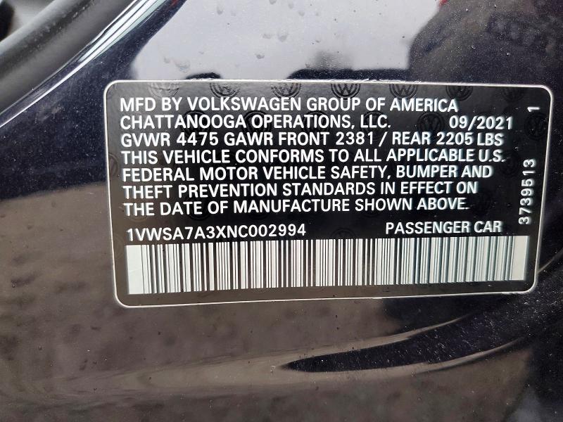 48607236 :رقم المزاد ، 1VWSA7A3XNC002994 vin ، 2022 Volkswagen Passat مزاد بيع