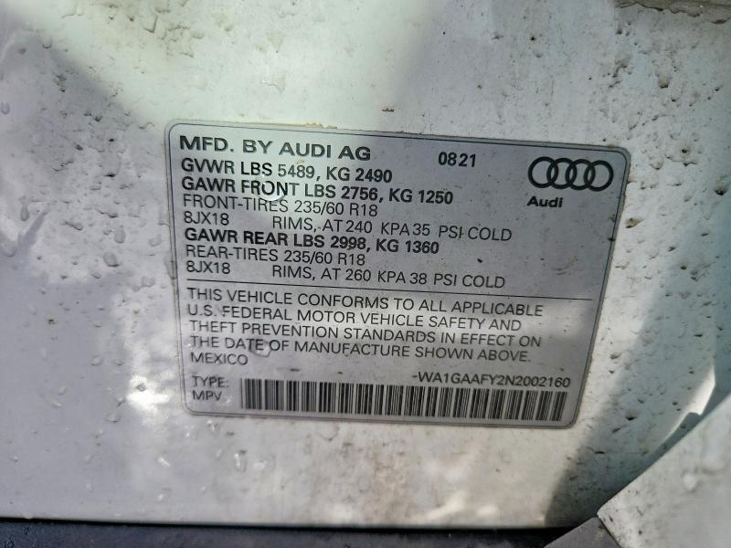 2022 Audi Q5 მანქანა იყიდება აუქციონზე, vin: WA1GAAFY2N2002160, აუქციონის ნომერი: 49927006