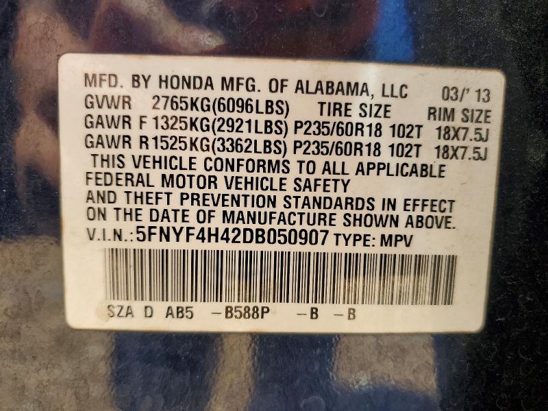 51715886 :رقم المزاد ، 5FNYF4H42DB050907 vin ، 2013 Honda Pilot مزاد بيع