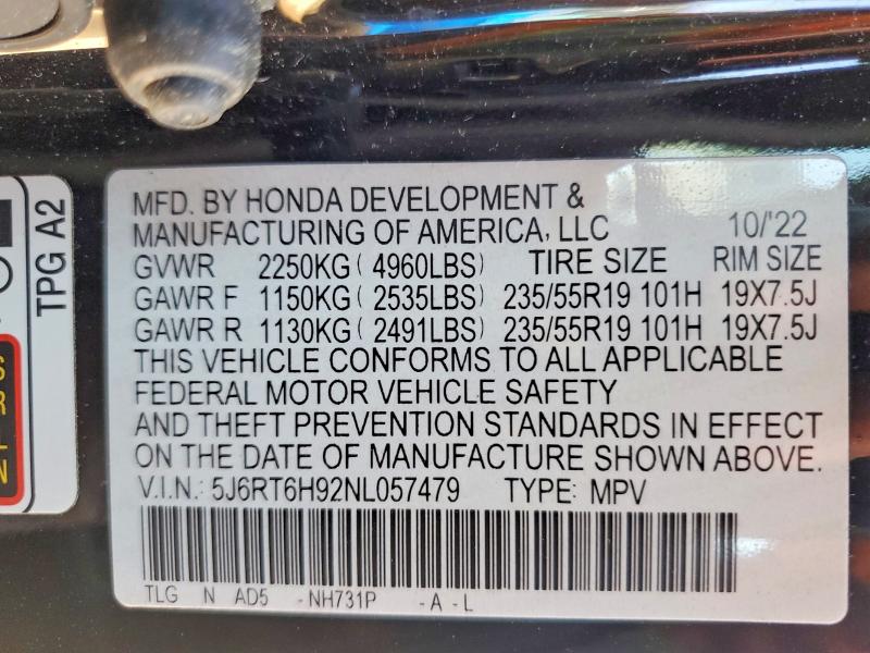 Продажа на аукционе авто 2022 Honda Cr-v, vin: 5J6RT6H92NL057479, номер лота: 50952986