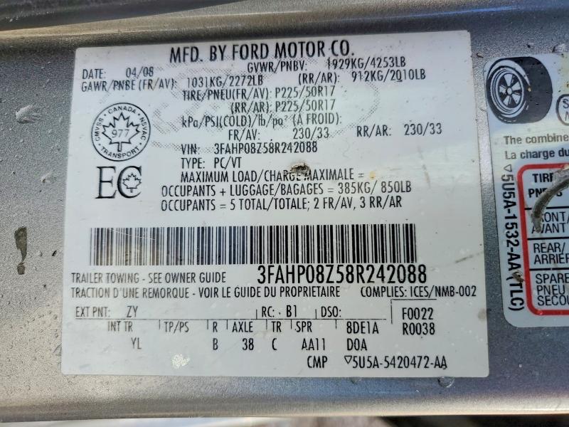 45750656 :رقم المزاد ، 3FAHP08Z58R242088 vin ، 2008 Ford Fusion مزاد بيع