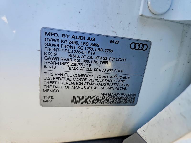2023 Audi Q5 მანქანა იყიდება აუქციონზე, vin: WA1EAAFY1P2143439, აუქციონის ნომერი: 51348556