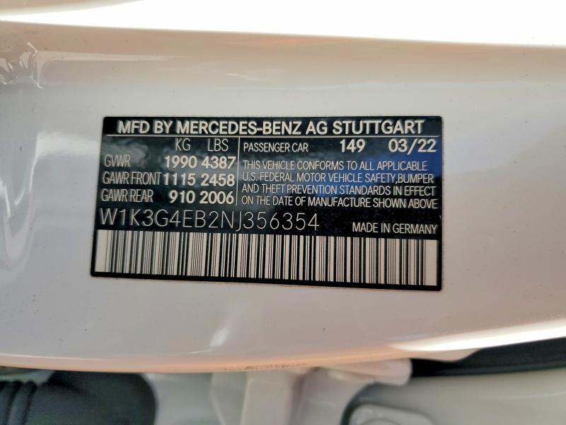 Aukcja sprzedaży 2022 Mercedes-benz A, vin: W1K3G4EB2NJ356354, numer aukcji: 51274906