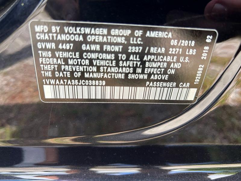 Aukcja sprzedaży 2018 Volkswagen Passat, vin: 1VWAA7A35JC038839, numer aukcji: 50104306