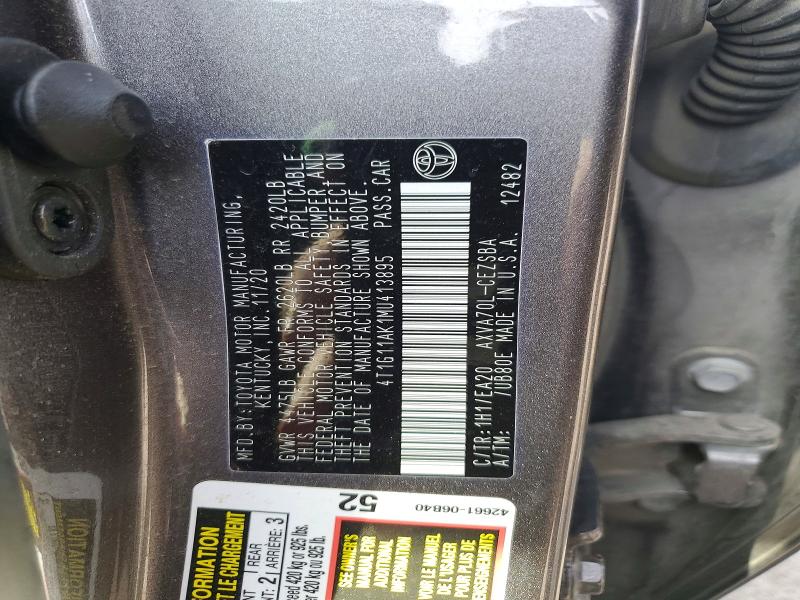 2021 Toyota Camry მანქანა იყიდება აუქციონზე, vin: 4T1G11AK1MU413895, აუქციონის ნომერი: 48923566