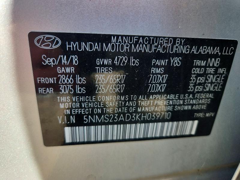 2019 Hyundai Santa Fe მანქანა იყიდება აუქციონზე, vin: 5NMS23AD3KH039710, აუქციონის ნომერი: 49293586