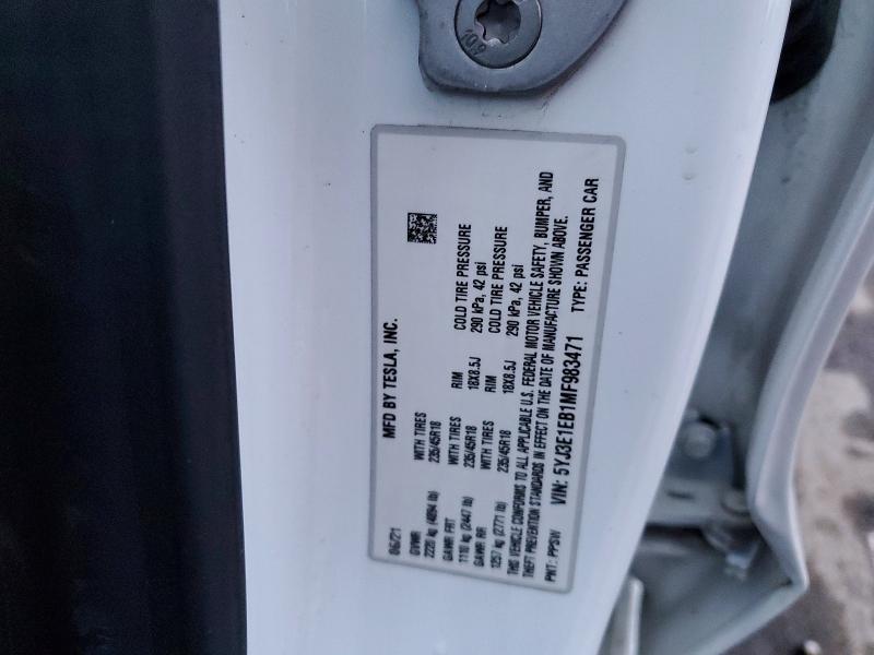 Продаж на аукціоні авто 2021 Tesla Model 3, vin: 5YJ3E1EB1MF983471, номер лоту: 47343626