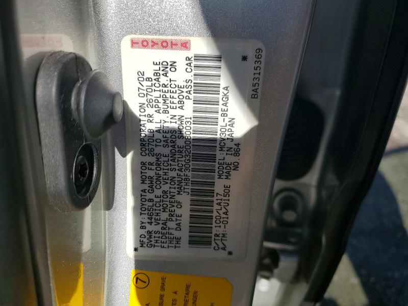 Aukcja sprzedaży 2002 Lexus Es, vin: JTHBF30G320080031, numer aukcji: 51330326