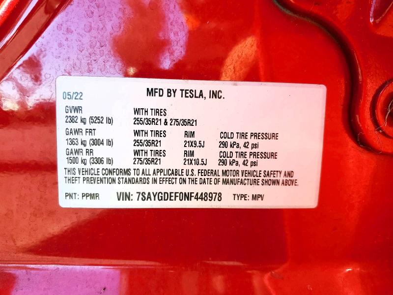 2022 Tesla Model Y მანქანა იყიდება აუქციონზე, vin: 7SAYGDEF0NF448978, აუქციონის ნომერი: 50959616