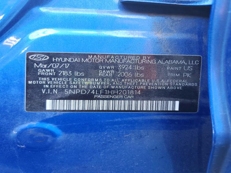 51021996 :رقم المزاد ، 5NPD74LF1HH201814 vin ، 2017 Hyundai Elantra مزاد بيع