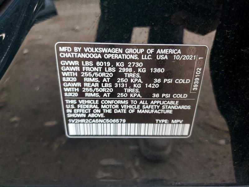 Aukcja sprzedaży 2022 Volkswagen Atlas, vin: 1V2HR2CA5NC506579, numer aukcji: 46522266