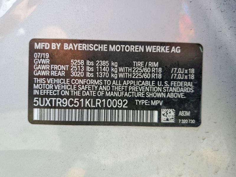 49513456 :رقم المزاد ، 5UXTR9C51KLR10092 vin ، 2019 Bmw X3 مزاد بيع