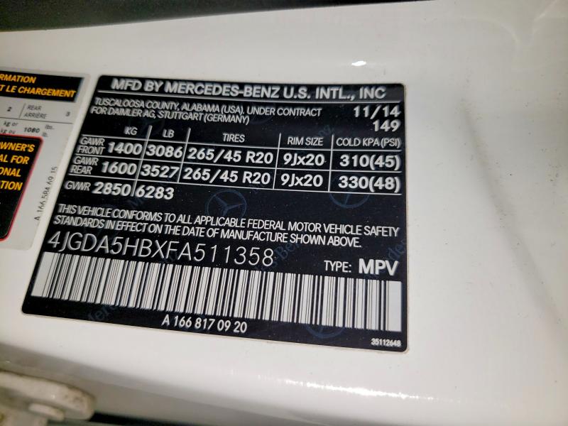 Aukcja sprzedaży 2015 Mercedes-benz Ml, vin: 4JGDA5HBXFA511358, numer aukcji: 50634876