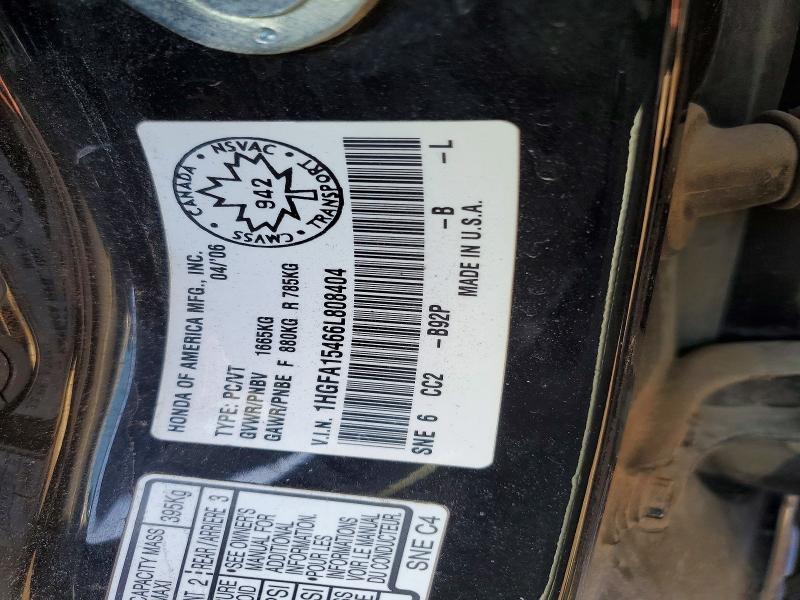 Aukcja sprzedaży 2006 Honda Civic, vin: 1HGFA15466L808404, numer aukcji: 49647876