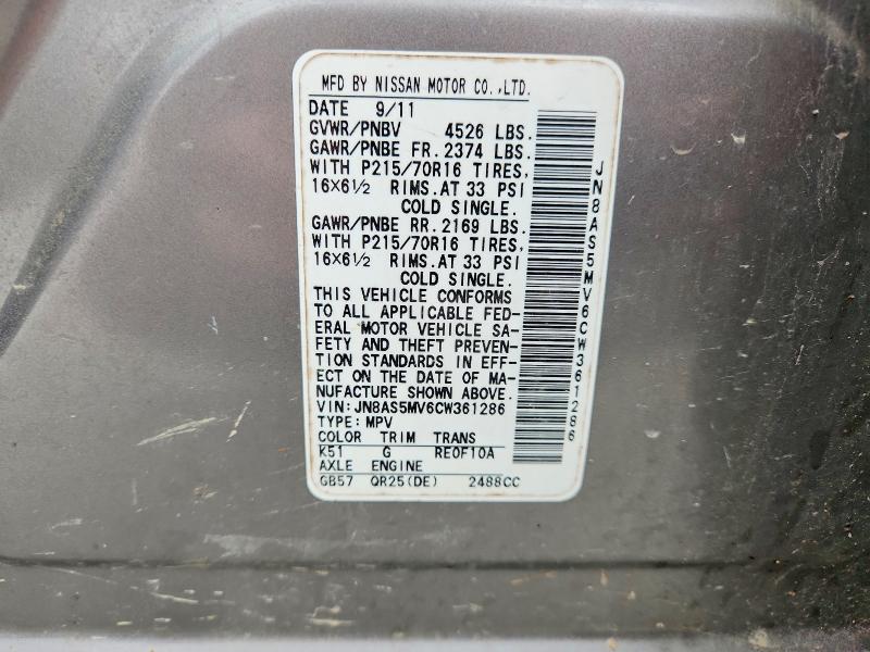 2012 Nissan Rogue მანქანა იყიდება აუქციონზე, vin: JN8AS5MV6CW361286, აუქციონის ნომერი: 48148106