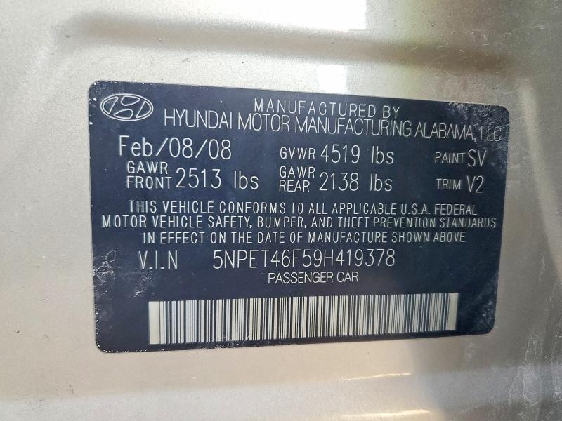 2009 Hyundai Sonata მანქანა იყიდება აუქციონზე, vin: 5NPET46F59H419378, აუქციონის ნომერი: 50967046