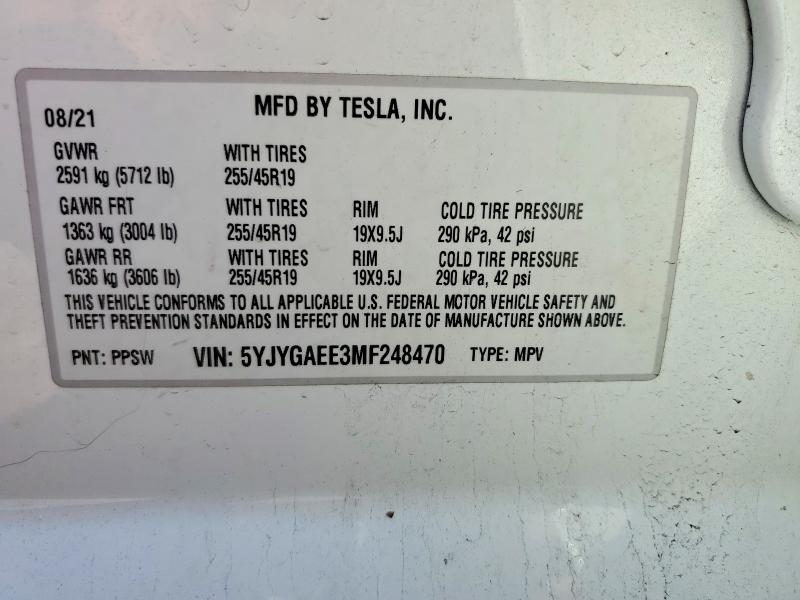 Продажа на аукционе авто 2021 Tesla Model Y, vin: 5YJYGAEE3MF248470, номер лота: 48051326