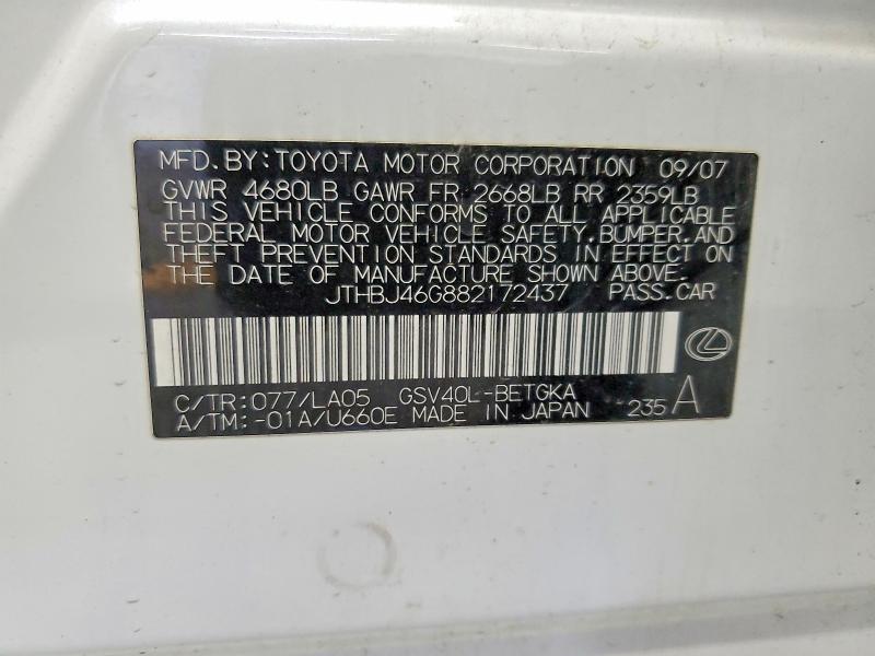 2008 Lexus Es მანქანა იყიდება აუქციონზე, vin: JTHBJ46G882172437, აუქციონის ნომერი: 49517846