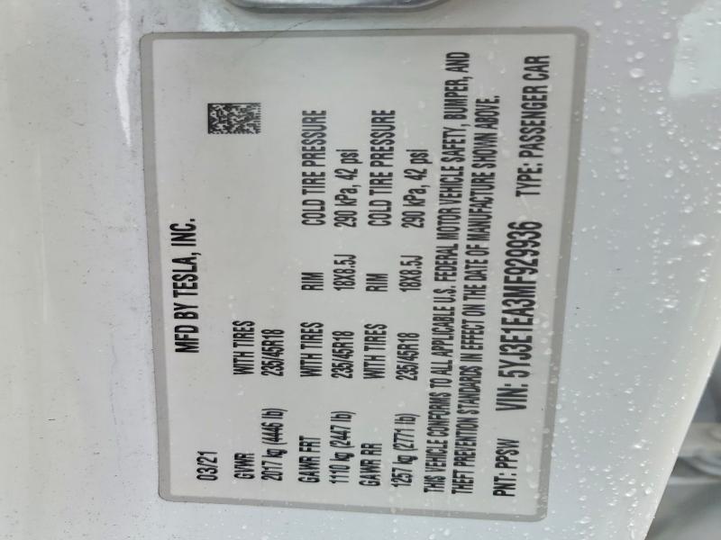 48188826 :رقم المزاد ، 5YJ3E1EA3MF929936 vin ، 2021 Tesla Model 3 مزاد بيع