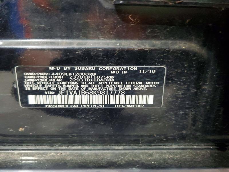 Продаж на аукціоні авто 2019 Subaru Wrx, vin: JF1VA1B68K9817778, номер лоту: 50850166