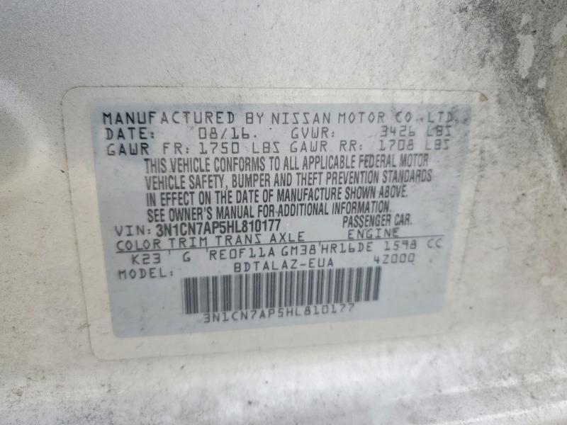 2017 Nissan Versa მანქანა იყიდება აუქციონზე, vin: 3N1CN7AP5HL810177, აუქციონის ნომერი: 48951926