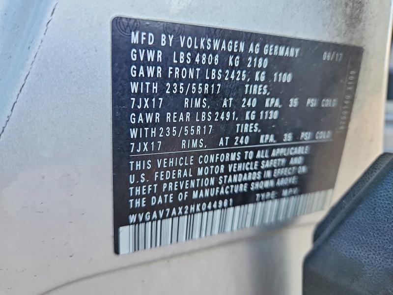 Aukcja sprzedaży 2017 Volkswagen Tiguan, vin: WVGAV7AX2HK044961, numer aukcji: 48185936