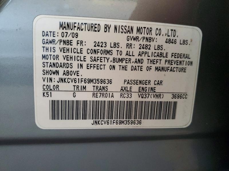 50282326 :رقم المزاد ، JNKCV61F69M359636 vin ، 2009 Infiniti G37 Sedan مزاد بيع