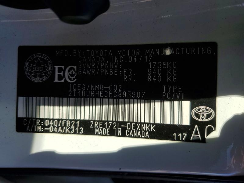 2017 Toyota Corolla მანქანა იყიდება აუქციონზე, vin: 2T1BURHE3HC895907, აუქციონის ნომერი: 50886926