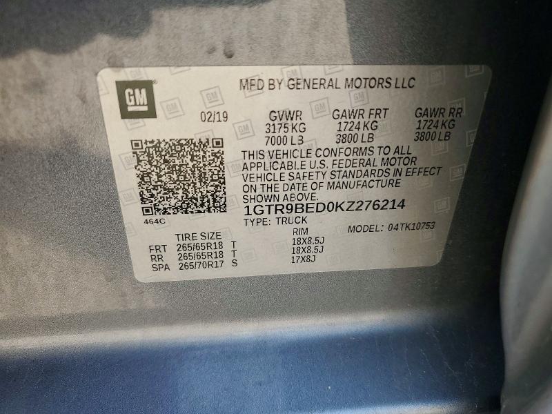 48500986 :رقم المزاد ، 1GTR9BED0KZ276214 vin ، 2019 Gmc Sierra مزاد بيع