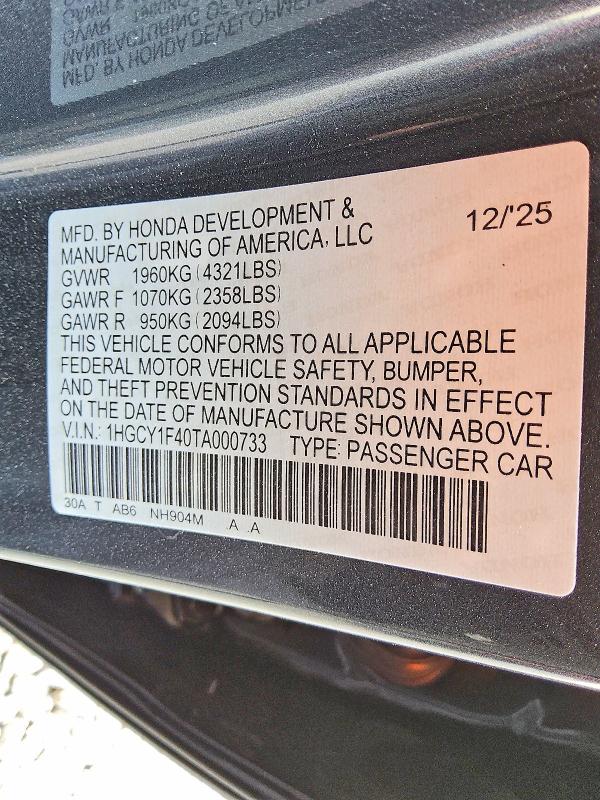 2026 Honda Accord მანქანა იყიდება აუქციონზე, vin: 1HGCY1F40TA000733, აუქციონის ნომერი: 50126516