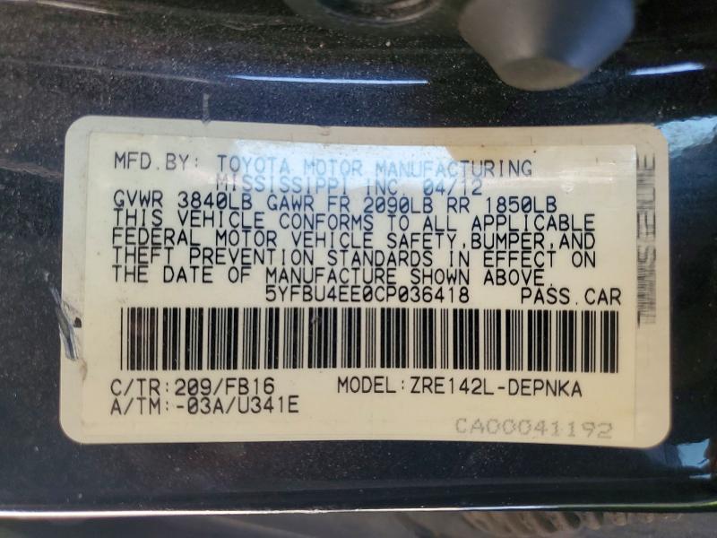 2012 Toyota Corolla მანქანა იყიდება აუქციონზე, vin: 5YFBU4EE0CP036418, აუქციონის ნომერი: 51015066