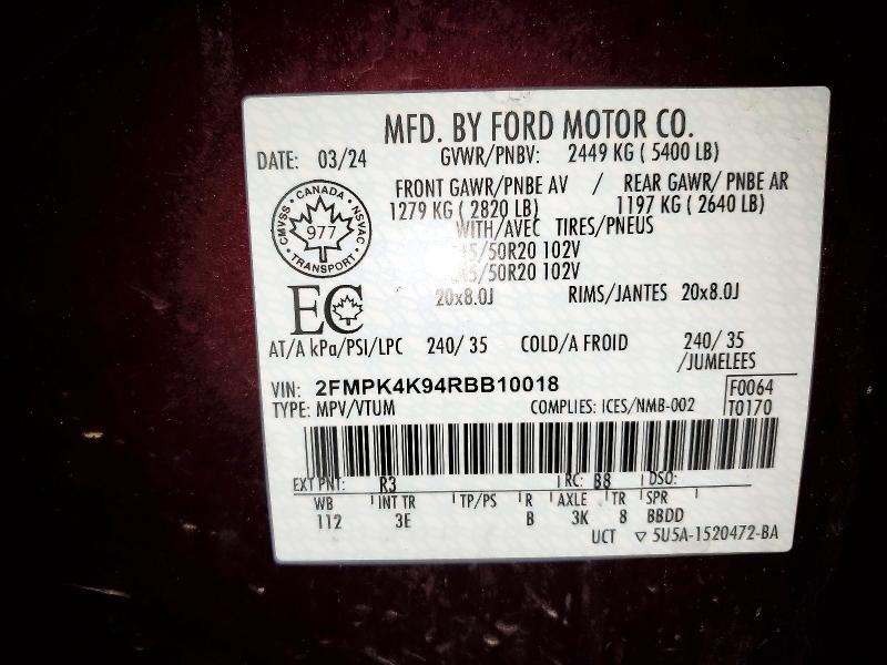 49102806 :رقم المزاد ، 2FMPK4K94RBB10018 vin ، 2024 Ford Edge مزاد بيع