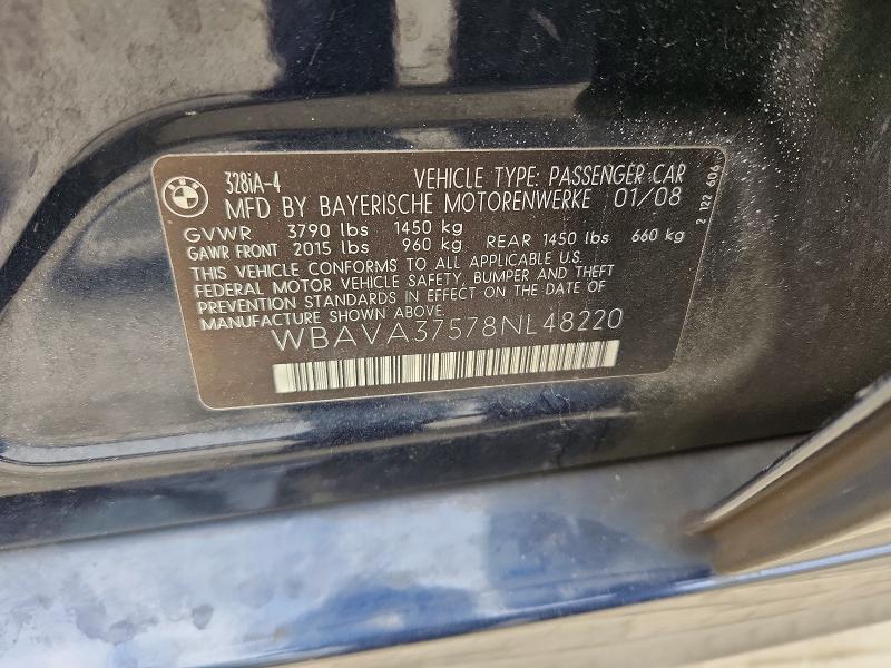 2008 Bmw 328 მანქანა იყიდება აუქციონზე, vin: WBAVA37578NL48220, აუქციონის ნომერი: 51300896